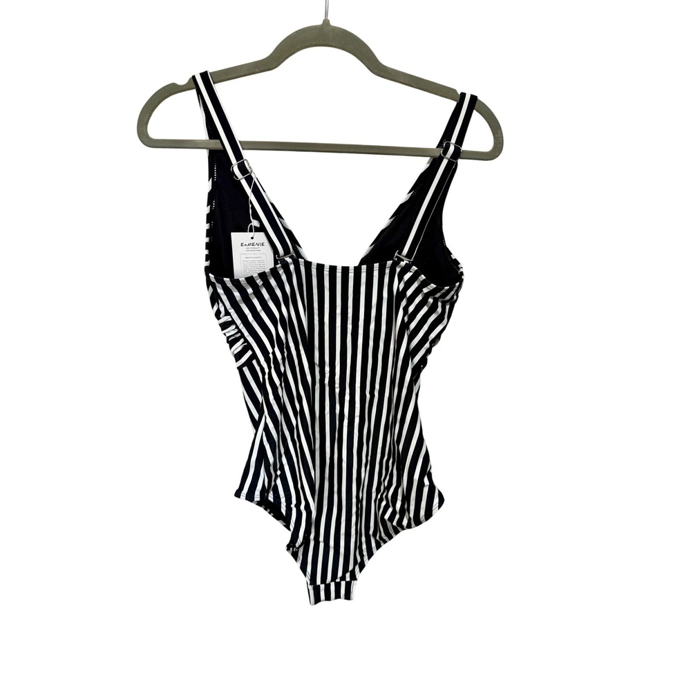 Eomenie Womens Black White Striped One Piece Swimsuit V-Neck Ruched Waist Large
